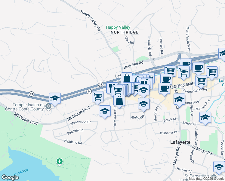 map of restaurants, bars, coffee shops, grocery stores, and more near 970 Dolores Drive in Lafayette
