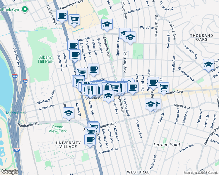 map of restaurants, bars, coffee shops, grocery stores, and more near 832 Evelyn Avenue in Albany