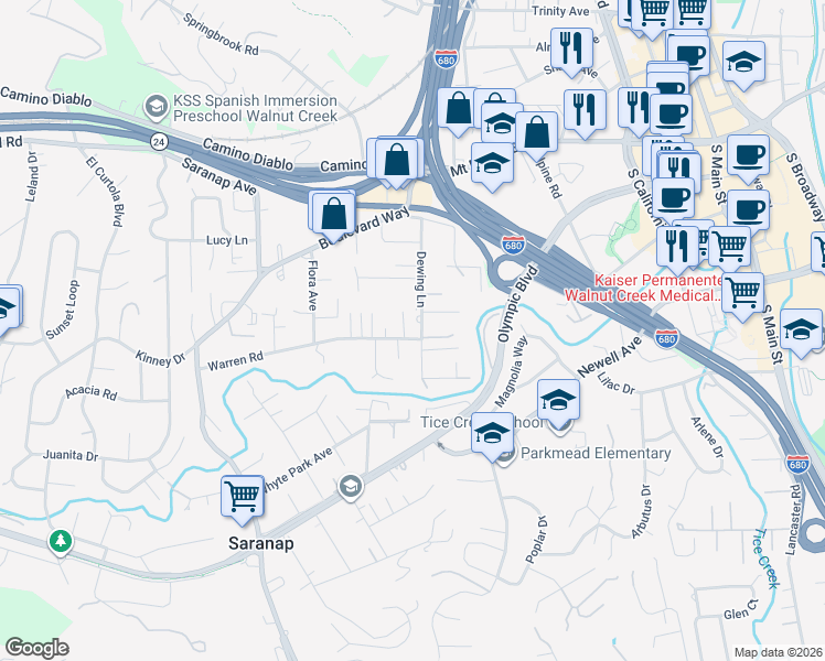 map of restaurants, bars, coffee shops, grocery stores, and more near 1381 Dewing Lane in Walnut Creek