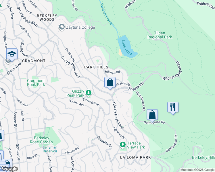 map of restaurants, bars, coffee shops, grocery stores, and more near 1120 Park Hills Road in Berkeley