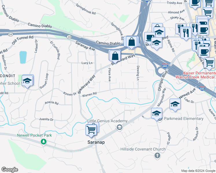 map of restaurants, bars, coffee shops, grocery stores, and more near 173 Flora Avenue in Walnut Creek