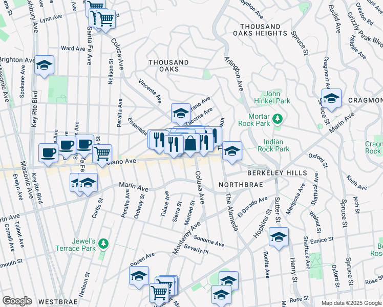 map of restaurants, bars, coffee shops, grocery stores, and more near 1801 Solano Avenue in Berkeley