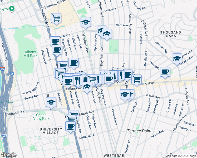 map of restaurants, bars, coffee shops, grocery stores, and more near 832 Key Route Boulevard in Albany