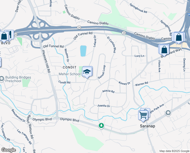 map of restaurants, bars, coffee shops, grocery stores, and more near 1521 Sunset Loop in Lafayette