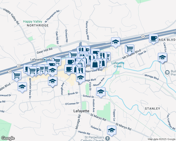 map of restaurants, bars, coffee shops, grocery stores, and more near 3500 Golden Gate Way in Lafayette