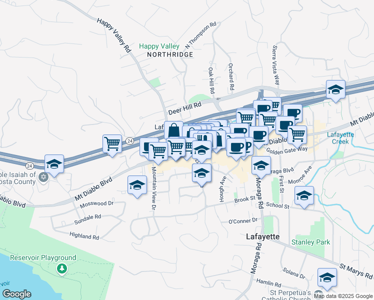 map of restaurants, bars, coffee shops, grocery stores, and more near 3614 Mount Diablo Boulevard in Lafayette