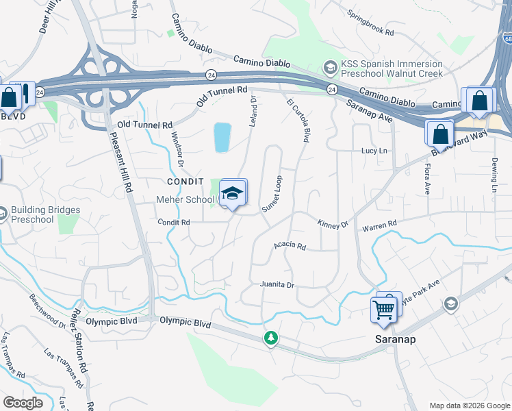 map of restaurants, bars, coffee shops, grocery stores, and more near 1521 Sunset Loop in Lafayette