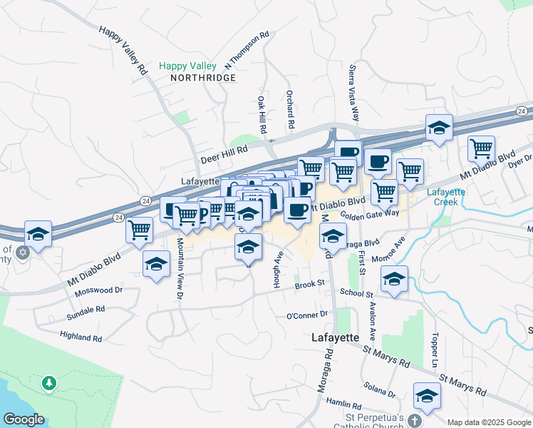map of restaurants, bars, coffee shops, grocery stores, and more near Mt Diablo Blvd & S Thompson Rd in Lafayette