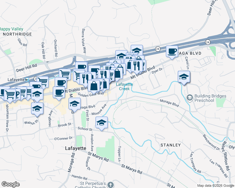 map of restaurants, bars, coffee shops, grocery stores, and more near 966 3rd Street in Lafayette