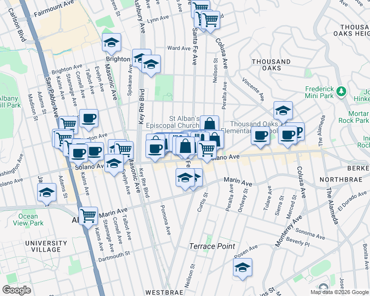map of restaurants, bars, coffee shops, grocery stores, and more near 837 San Carlos Avenue in Albany