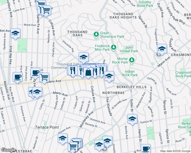 map of restaurants, bars, coffee shops, grocery stores, and more near 1857 Solano Avenue in Berkeley