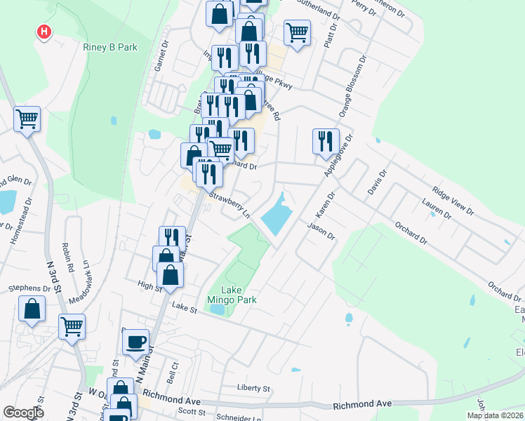 map of restaurants, bars, coffee shops, grocery stores, and more near 530 Peachtree Road in Nicholasville