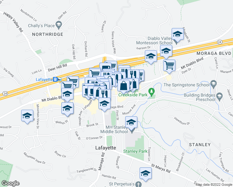 map of restaurants, bars, coffee shops, grocery stores, and more near 3500 Golden Gate Way in Lafayette