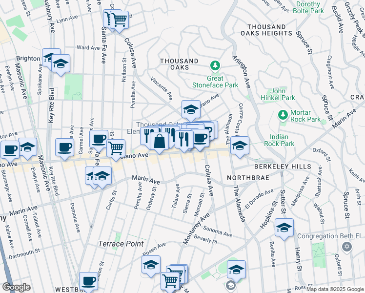 map of restaurants, bars, coffee shops, grocery stores, and more near 889 Ensenada Avenue in Berkeley