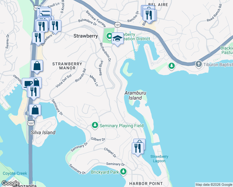 map of restaurants, bars, coffee shops, grocery stores, and more near 324 East Strawberry Drive in Mill Valley