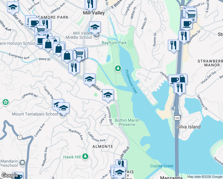 map of restaurants, bars, coffee shops, grocery stores, and more near 785 Miller Avenue in Mill Valley