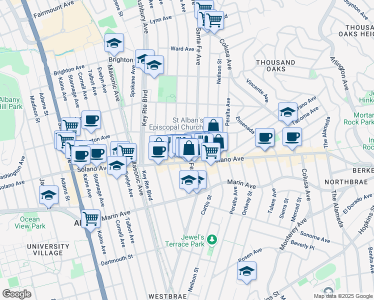 map of restaurants, bars, coffee shops, grocery stores, and more near 837 San Carlos Avenue in Albany