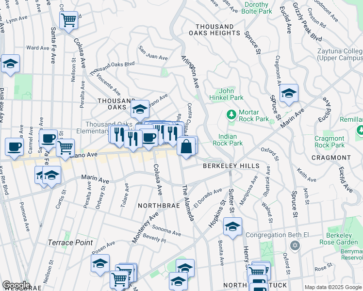 map of restaurants, bars, coffee shops, grocery stores, and more near 899 The Alameda in Berkeley