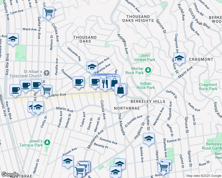 map of restaurants, bars, coffee shops, grocery stores, and more near 899 The Alameda in Berkeley