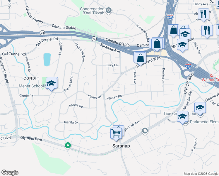 map of restaurants, bars, coffee shops, grocery stores, and more near 1360 Boulevard Way in Walnut Creek