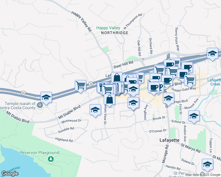 map of restaurants, bars, coffee shops, grocery stores, and more near 3650 Mount Diablo Boulevard in Lafayette