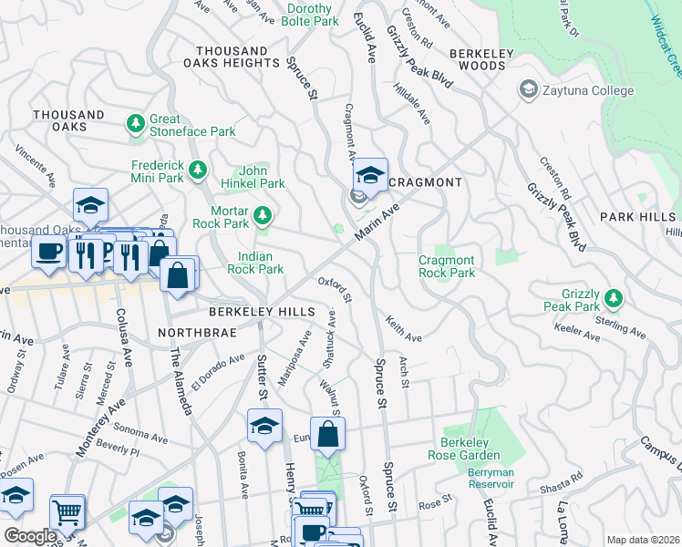 map of restaurants, bars, coffee shops, grocery stores, and more near 932 San Benito Road in Berkeley