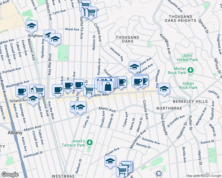 map of restaurants, bars, coffee shops, grocery stores, and more near 1617 Tacoma Avenue in Berkeley