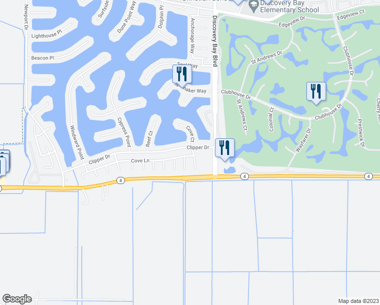 map of restaurants, bars, coffee shops, grocery stores, and more near 4724 Cove Lane in Discovery Bay