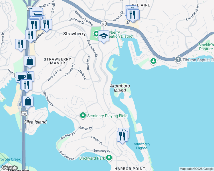 map of restaurants, bars, coffee shops, grocery stores, and more near 317 East Strawberry Drive in Mill Valley