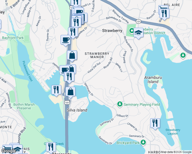 map of restaurants, bars, coffee shops, grocery stores, and more near 305 Ricardo Road in Mill Valley