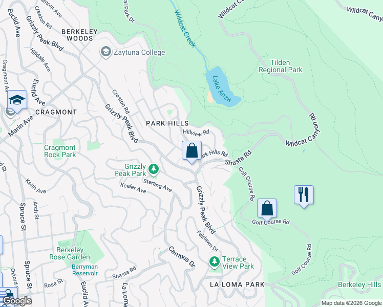 map of restaurants, bars, coffee shops, grocery stores, and more near 1120 Park Hills Road in Berkeley