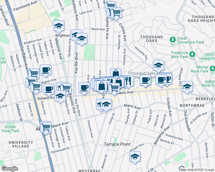 map of restaurants, bars, coffee shops, grocery stores, and more near 835 Curtis Street in Albany