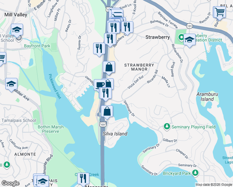 map of restaurants, bars, coffee shops, grocery stores, and more near 10 Milland Drive in Mill Valley