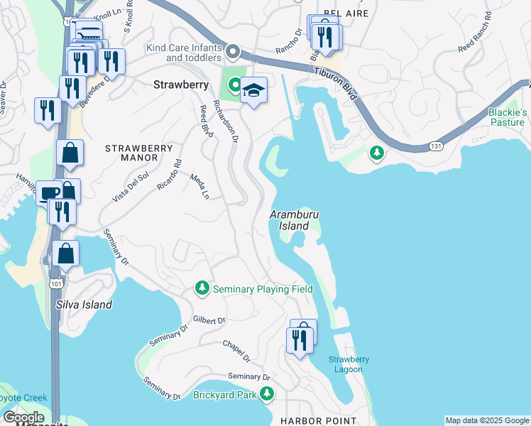 map of restaurants, bars, coffee shops, grocery stores, and more near 317 East Strawberry Drive in Mill Valley