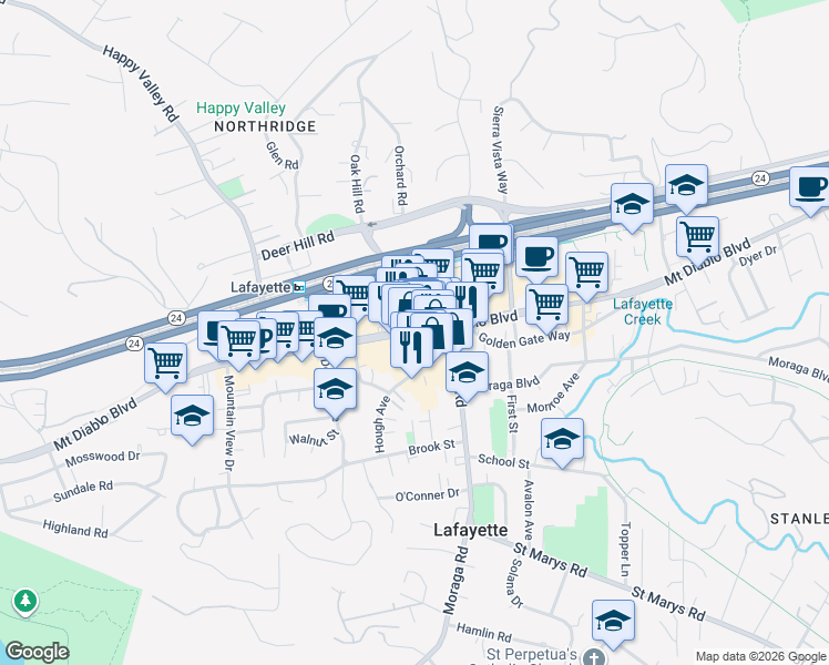 map of restaurants, bars, coffee shops, grocery stores, and more near 2 Lafayette Circle in Lafayette
