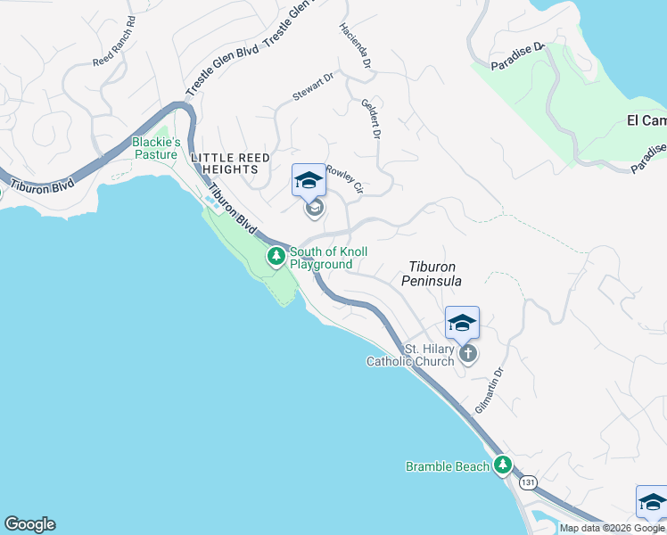 map of restaurants, bars, coffee shops, grocery stores, and more near 652 Hilary Drive in Belvedere Tiburon