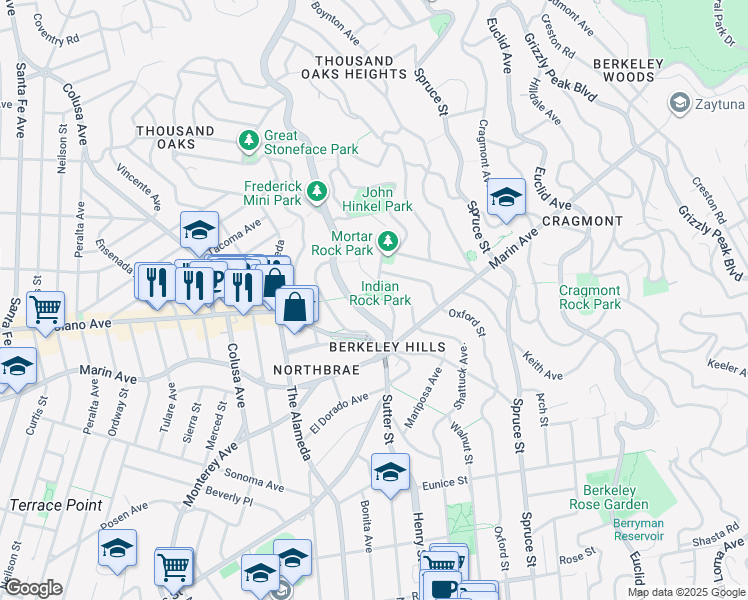 map of restaurants, bars, coffee shops, grocery stores, and more near 6 Indian Rock Path in Berkeley
