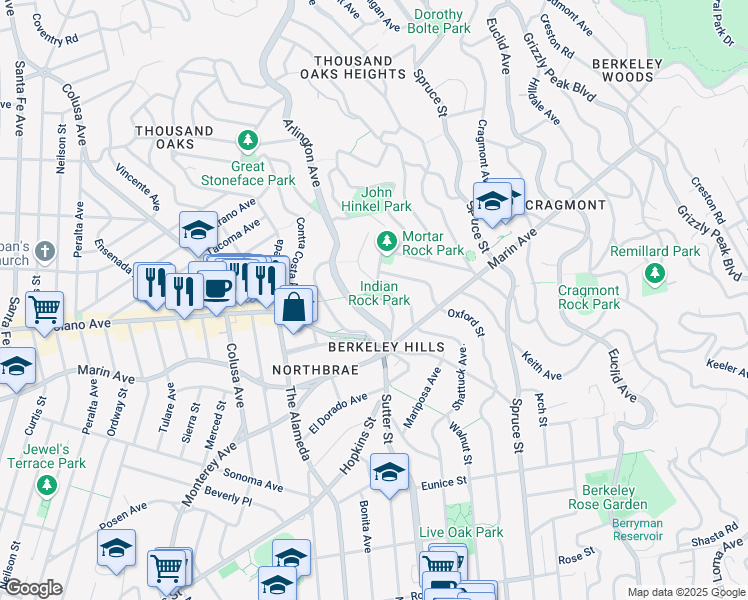 map of restaurants, bars, coffee shops, grocery stores, and more near 6 Indian Rock Path in Berkeley