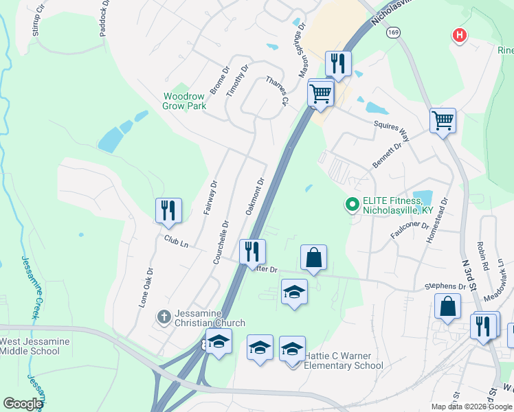 map of restaurants, bars, coffee shops, grocery stores, and more near 260 Wilson Drive in Nicholasville