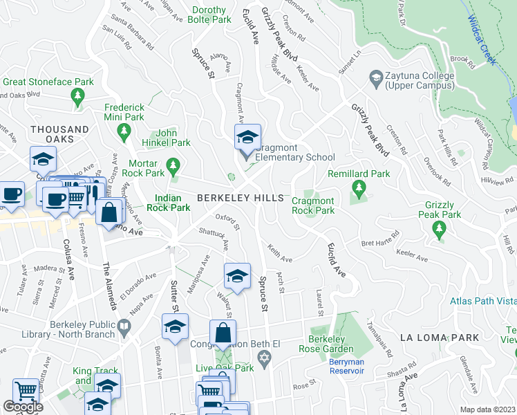 map of restaurants, bars, coffee shops, grocery stores, and more near Spruce Street in Berkeley