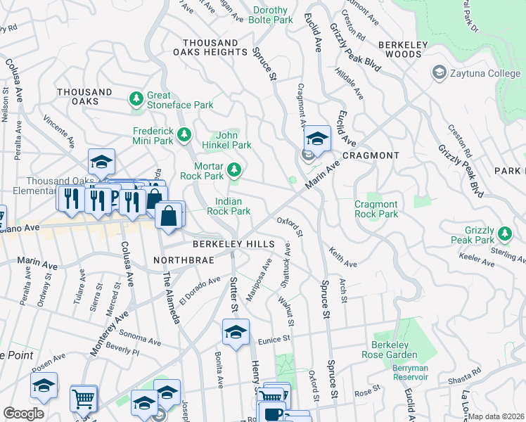 map of restaurants, bars, coffee shops, grocery stores, and more near 844 Oxford Street in Berkeley