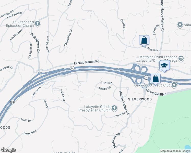 map of restaurants, bars, coffee shops, grocery stores, and more near 4149 Hidden Valley Road in Lafayette