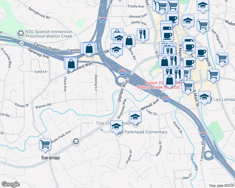 map of restaurants, bars, coffee shops, grocery stores, and more near 112 North Villa Way in Walnut Creek