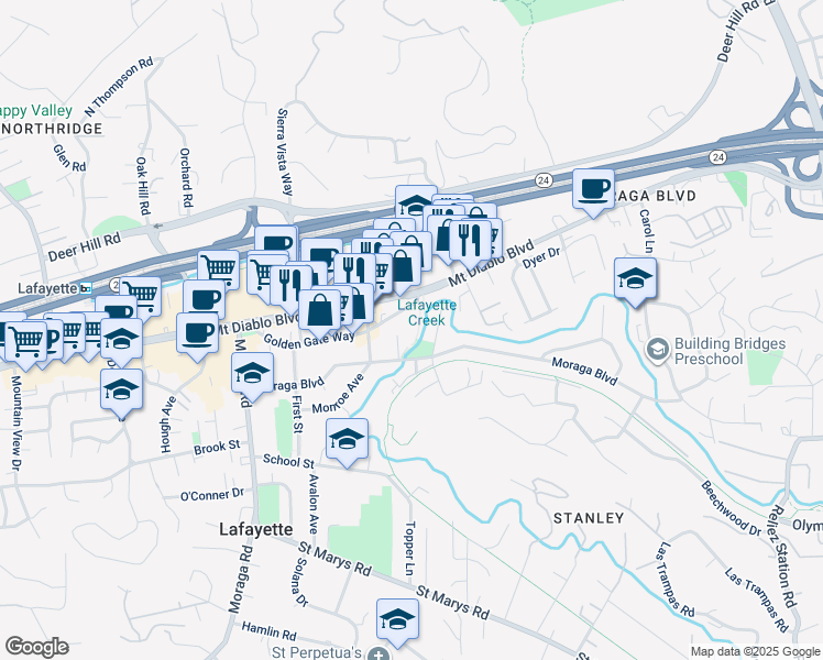 map of restaurants, bars, coffee shops, grocery stores, and more near 970 3rd Street in Lafayette