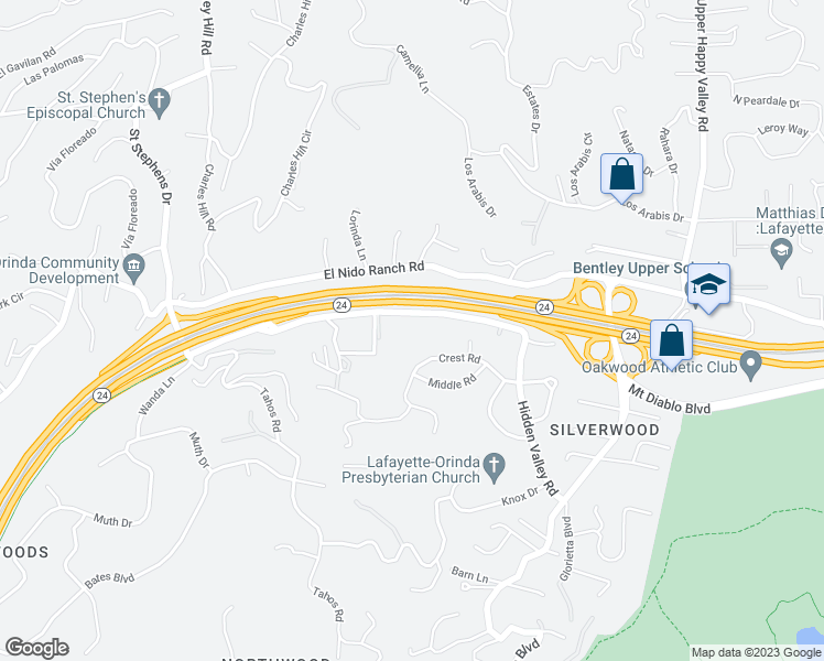 map of restaurants, bars, coffee shops, grocery stores, and more near 4149 Hidden Valley Road in Lafayette