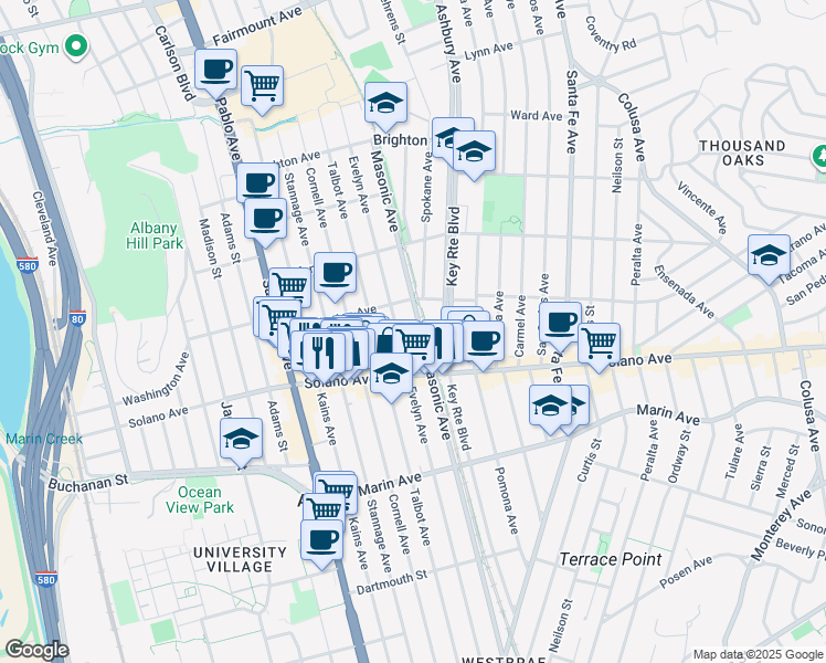 map of restaurants, bars, coffee shops, grocery stores, and more near 832 Evelyn Avenue in Albany