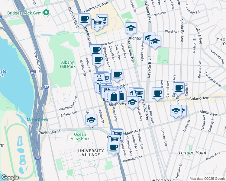 map of restaurants, bars, coffee shops, grocery stores, and more near 815 Kains Avenue in Albany
