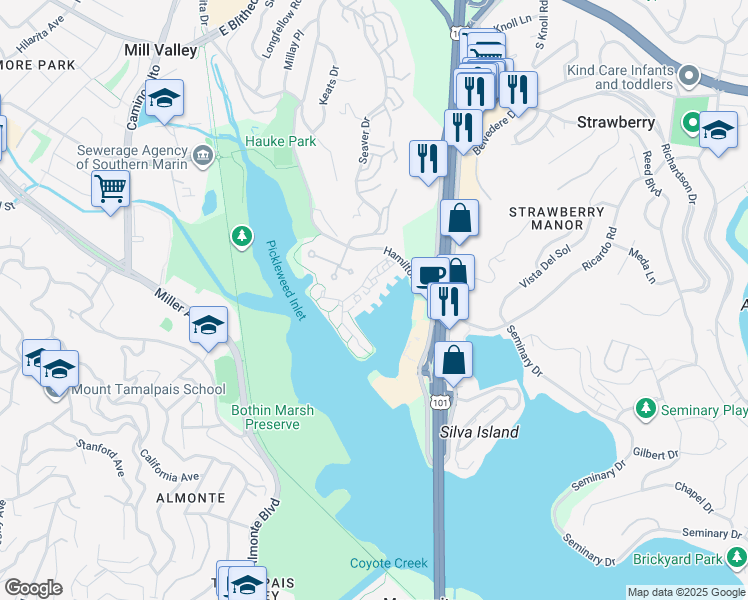 map of restaurants, bars, coffee shops, grocery stores, and more near 5102 Shelter Bay Avenue in Mill Valley