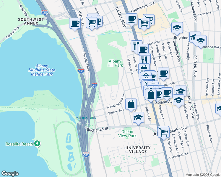 map of restaurants, bars, coffee shops, grocery stores, and more near 710 Hillside Avenue in Albany