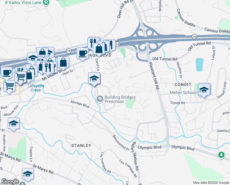 map of restaurants, bars, coffee shops, grocery stores, and more near 3241 Judith Lane in Lafayette